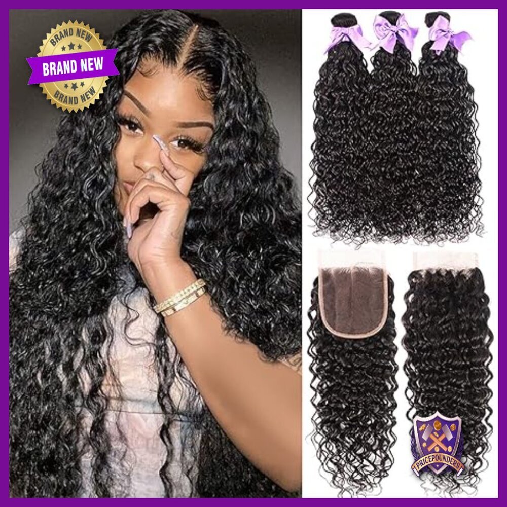 Human Hair Water Wave Bundles With Closure, 3 Bundles, Deep Curly